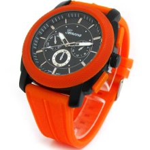 Orange Black 3d Geneva Mesh Case Silicone Gel Rubber Band Sport Men's Watch