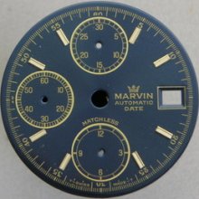 Original Marvin Blue Chronograph Watch Dial Valjoux 7750 Day Date Index Men's