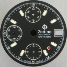 Original Vintage Zodiac Black Chronograph Watch Dial Valjoux 7750 Date Men's