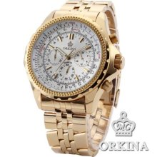 Orkina 6 Hands 3 Dial 24 Hours Gold Stainless Steel Men Quartz Sport Wrist Watch