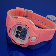 Pink Ohsen 7 Colors Flashlight Digital Date Girls Sport Quartz Rubber Watch