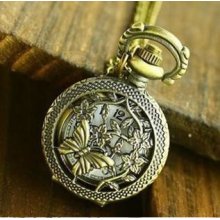 Pocket Watch Necklace Chain Fashion Butterfly Beautiful Women Unisex