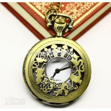 Pocket Watch Vintage Jewelry Alloy Long Necklace Antique Brass The W