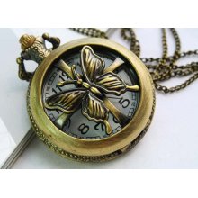 Pocket Watch Vintage Retro Style Necklace Locket Butterfly Pendant Cha