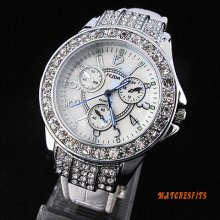 Popular Bling Crystal Lady Girls Analog Clock Quartz White Leather Wrist Watch