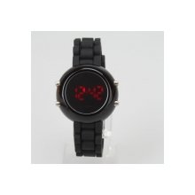 Popular Silicone Band Stainless Steel Case Digital Red LED Light Sports Style Round Mirror Face Wrist Watch Black