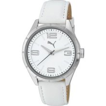 Puma Womens Driver S White Dial Stainless Steel Case Leather Strap Watch