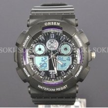 Purple Led Mens Date Sport Quartz Analog Digital Wrist Rubber Band Watch M81