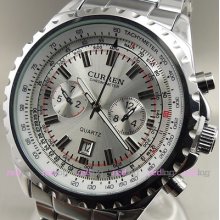 Quartz Hour Dial Date Water Silver Clock Sport Men Steel Wrist Watch W221