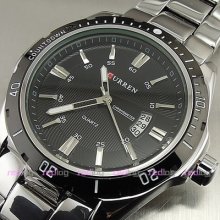 Quartz Hour Dial Date Day Clock Black Silver Sport Men Steel Wrist Watch W227