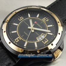 Quartz Hour Dial Day Date Golden Clock Sport Men Leather Steel Wrist Watch A233