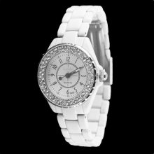 Quartz Round Case Analog Watch with Stainless Steel Band for Women (White) - White - Stainless Steel