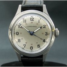 Rare 1946 Longines 23m 16j Military 24hrs Dial Swiss Men Stainless Steel Ww2
