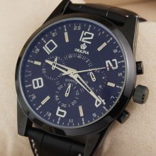 Rare Blue Glass Military Mens Fashion Hq Wristwatch 6 Hand Face Real Leather