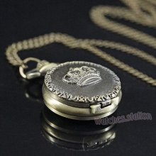 Rare Crown Case Quartz Pocket Watch Bronze Tone Free Chain
