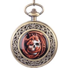 Red Drangon And Skull Pocket Watch With A Free Leather Case