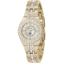 Relic Ladies Calendar Date Watch w/Crystal White Mother-of-Pearl Dial & GT Link Band
