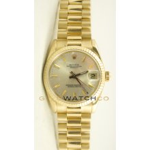 Rolex 31mm Midsize 18K Yellow Gold President Model 68278 Silver Stick Dial