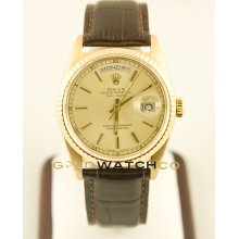 Rolex Day Date Model 18038 Quickset Movement Champagne Stick Dial Brown Leather Band