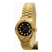 Rolex Ladies President Yellow Gold Certified Pre-Owned Black Diamond Dial/1.00ct Channel Set Rubies & Diamonds Bezel/2.00ct Diamond Bracelet