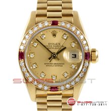 Rolex Ladies Yellow Gold President Champagne Diamond Rubies 69178