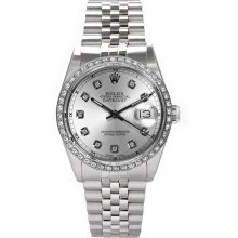 Rolex Men's Datejust Stainless Steel Custom Diamond Bezel & Silver Diamond Dial