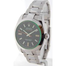 Rolex Mens Milgauss 116400 M Green Crystal Steel Automatic Watch Jewels In Time