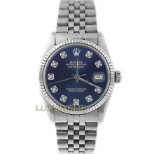 Rolex Mens Watch Ss Datejust 16014 Blue Diamond Dial 18k Gold Fluted Bezel Mint