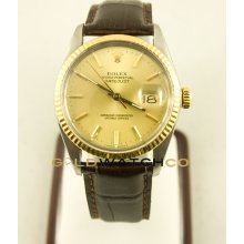 Rolex Stainless Steel & Gold Mens Datejust Model Quickest Movement Champagne Stick Dial and Yellow Gold Fluted Bezel