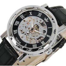 Roman Numeral Luxury Skeleton Steel Case Leather Strap Men Suit Mechanical Watch
