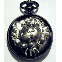 Rose Black Pocket Watch Steampunk Silver Flower Gothic Necklace or Chain Fob