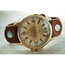 Rose Gold Leather Crown Watch, Leather Wrap Watch, Leather Zombie Crown Watch, Mens Womens Leather Crown Watch, GW-212
