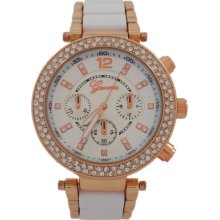 Rosegold And White Acrylic Band With Crystals Geneva Oversized Watch Women's