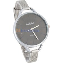 Round Dial Alloy Case Slim Steel Band Women's Wrist Watch (Black)