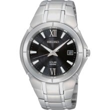 Seiko Black Dial Silver Tone Stainless Bracelet Solar Mens Watch - SNE087