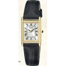 Seiko Ladies Black Genuine Leather Strap Gold Watch W/ White Square Dial