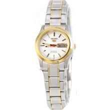 Seiko Ladies Seiko 5 Two Tone Stainless Steel Case and Bracelet White DIal Day and Date SYMJ26