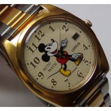 Seiko Mickey Mouse Men's Gold Automatic 17Jwl Calendar Watch w/ Bracelet