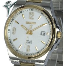 Seiko Solar Two Tone White Dial With Date Stainess Steel Bracelet Sne210p1