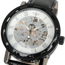 Sewor Skeleton Steel Black Case Leather Sport Men Hand-winding Mechanical Watch
