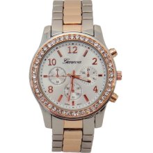 Silver And Rosegold Geneva Watch With Crystals Bezel For Women