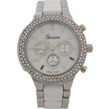 Silver And White Acrylic Band Geneva Watch With Crystals Bezel For Women