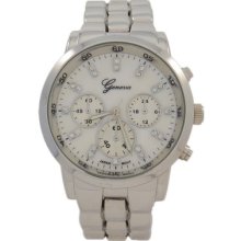 Silver And White Pearl Dial With Crystals Oversized Geneva Watch For Women
