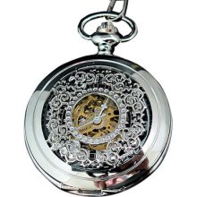 Silver Mens Mechanical Skeleton Analog Antique Pocket Watch W/ Free Chain