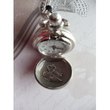 Silver round watch pendant, round silver watch with Swarovski crystal, glass beads and silver charms and suprise inside