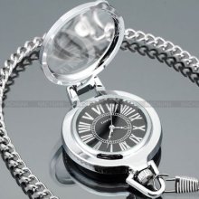 Silver Tone Magnifier Glass Cover Pocket Quartz Watch Pendant Necklace Chain