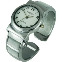 Silver White Pearl Round White Face Metal Wide Cuff Bracelet Watch