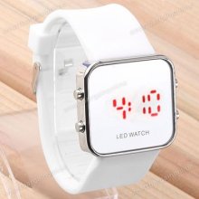 Silvery Unisex Sport Red Led Mirror Digital White Rubber Watch Wristwatch