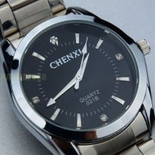 Simple Elegant Crystal Rhinestone Black Steel Men Quartz Analog Wrist Watch Gift