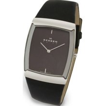 Skagen Black Label Executive Swiss Rectangle Stainless Watch - Black Dial - Leather - 584LSLM